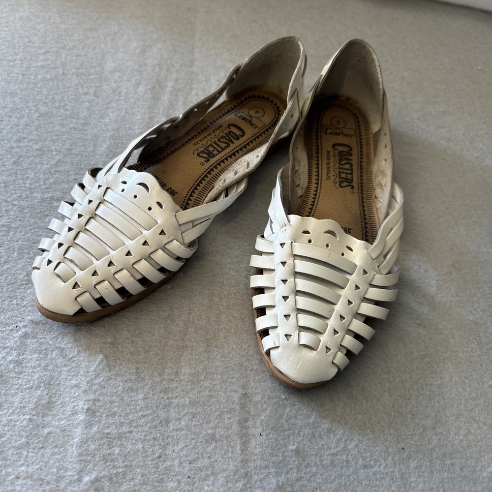 Vintage 80s Coasters White Leather Woven Huarache Sandals Flat Size 7 Brazil